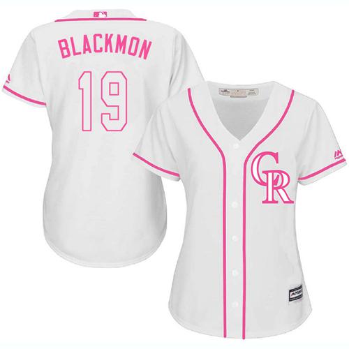 Rockies #19 Charlie Blackmon White/Pink Fashion Women's Stitched MLB Jersey